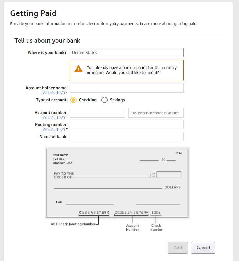 how to add a bank account to amazon kdp