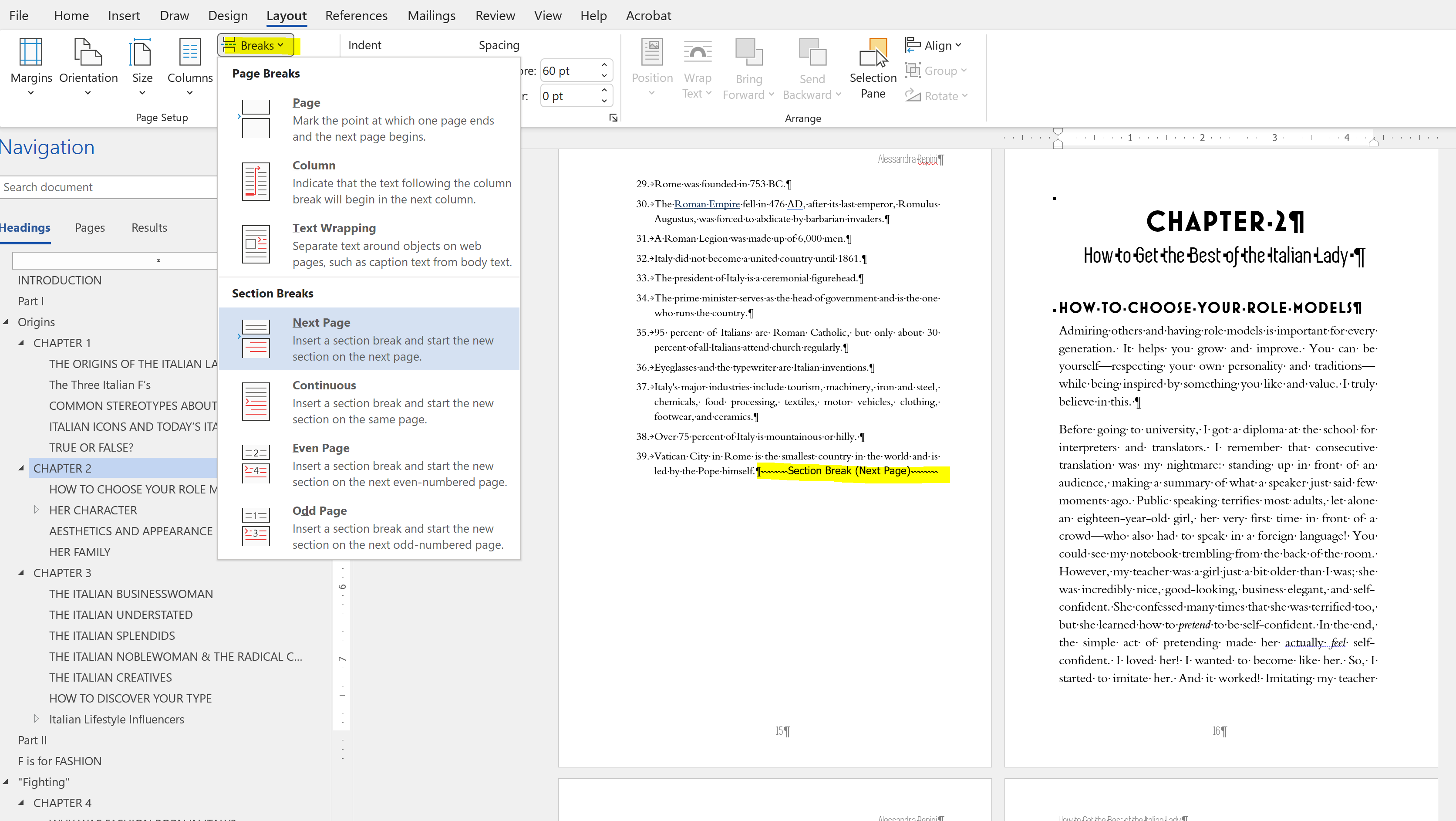 adding section breaks in MS Word